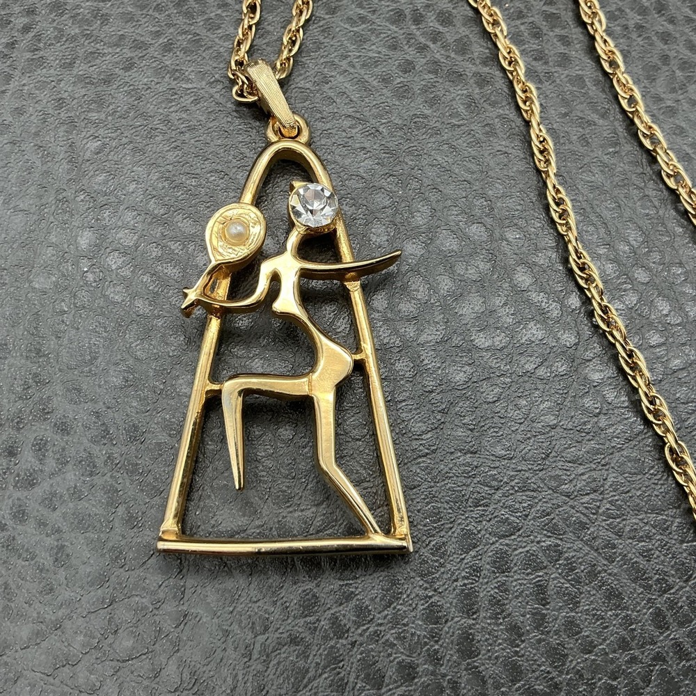 Vintage Medici Necklace Modernist‎ Woman Figure Gold Tone Pendant Rhinestone